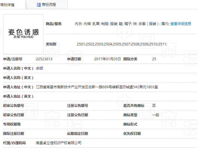 商標注冊申請詳細信息