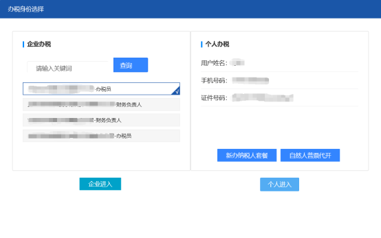 在辦稅身份選擇界面應選擇【企業(yè)進入】